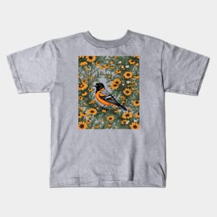 Baltimore Oriole Bird And Black Eyed Susan Flowers Kids T-Shirt